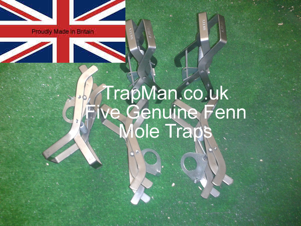 Pack of five genuine Fenn mole traps, scissor type, easy to set and effective mole catching.
