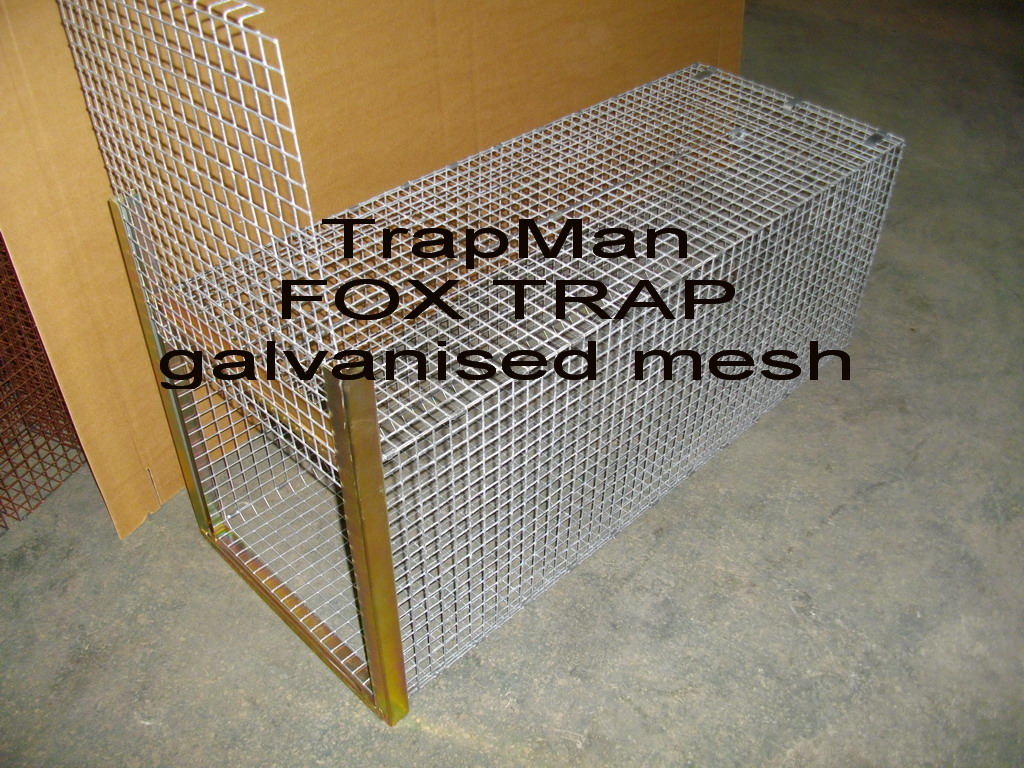 Fox trap galvanised mesh construction with a plated steel door slide assembly, 1"x1" square galvanised mesh 48" long x 18" x 19", with a free fall drop down door, triggered by a wire bait pull or treadplate